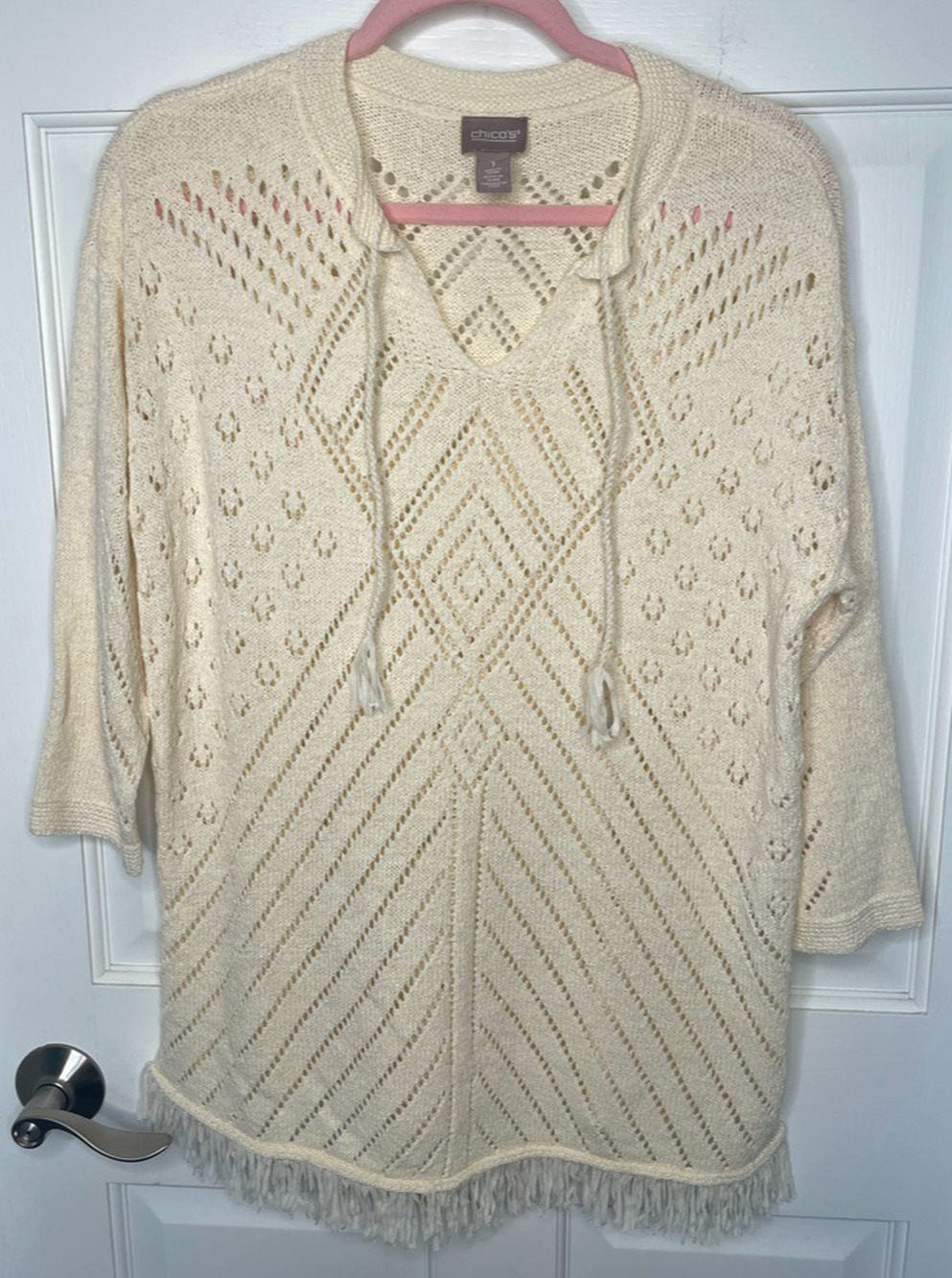 Chico's Women's Open-Knit Fringe Sweater Sz M 3/4 Sleeves Coastal Fisherman Boho